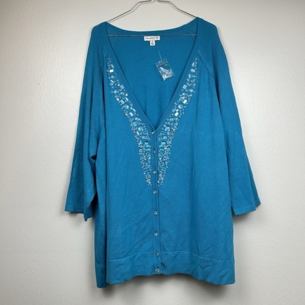 NWT Susan Graver Womens Cardigan 3/4 Sleeve Sz 3X‎ Blue Jeweled Embellished